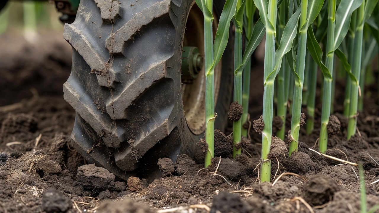 Close-up of an agricultural wheel meeting soil beside crop stems