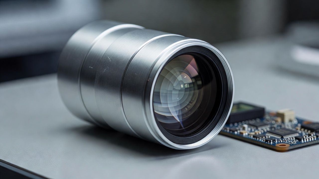 Close-up of a camera lens used to illustrate sensing hardware and optical inspection