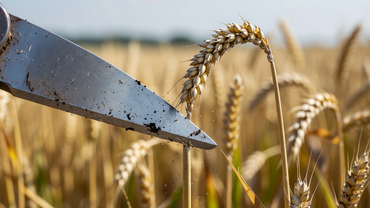 Close-up of a harvesting blade beside a crop stem, with the background out of focus