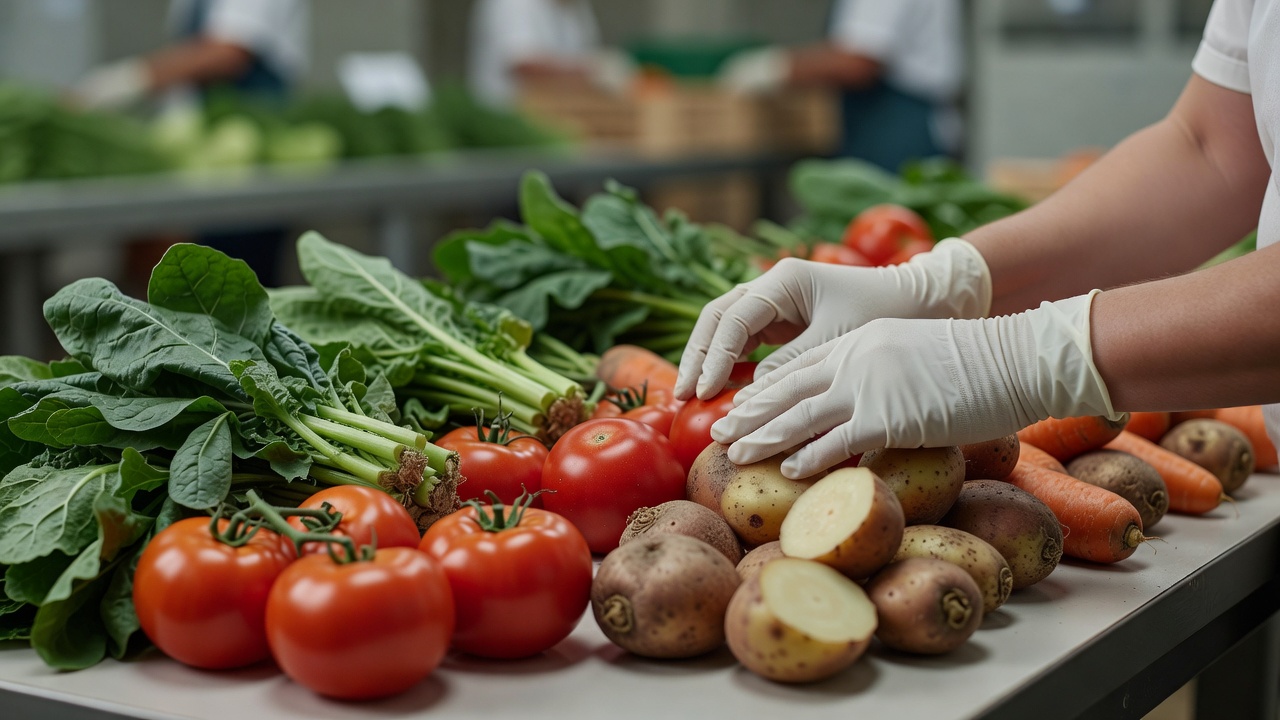 Shallow-focus close-up of harvested produce surfaces being checked for quality